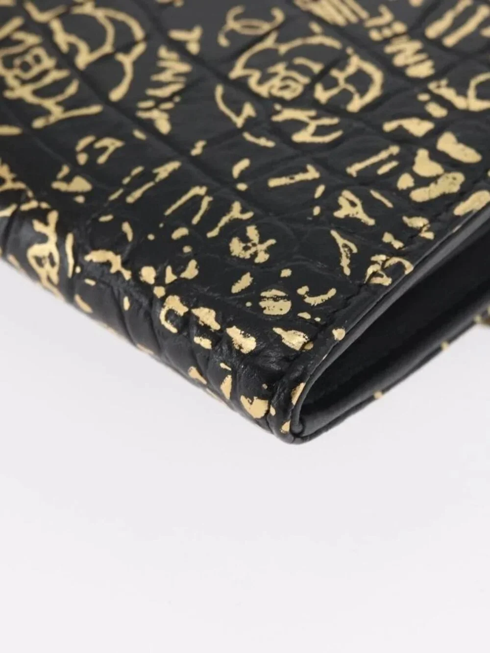 CHANEL 2.55 Long Wallet Croco Embossed Black Gold CC Auth 172450SAV